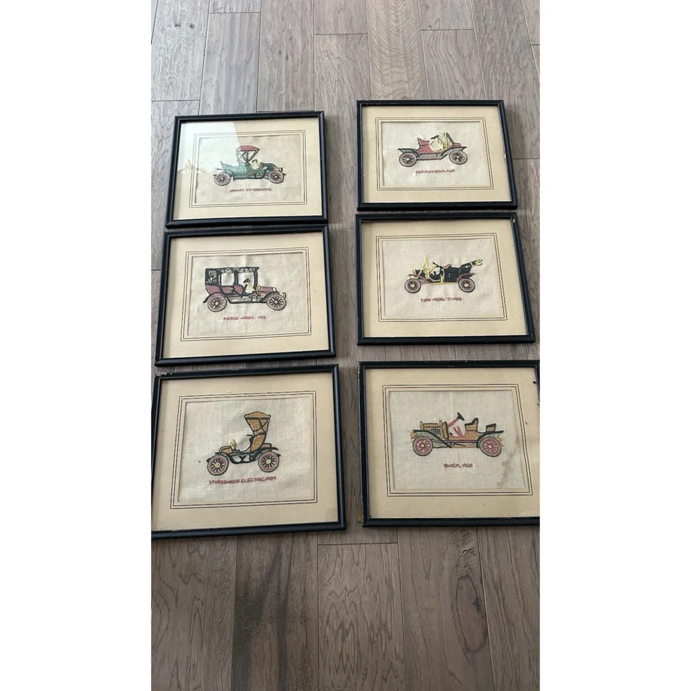 6 VINTAGE COMPLETED EMBROIDERY Antique Cars Framed Old Frames